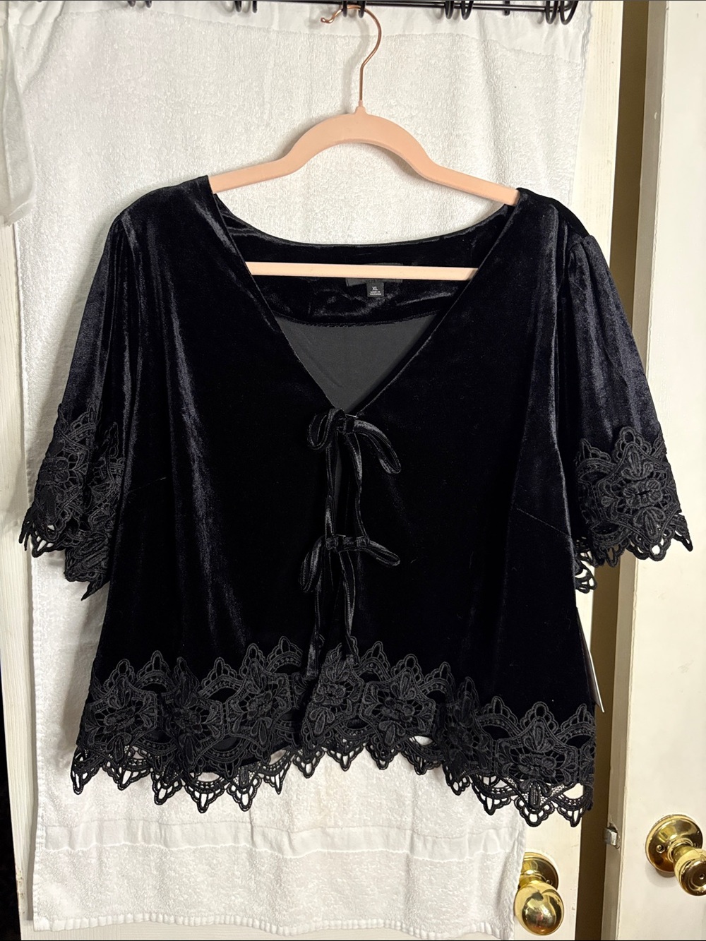 Calligraphie Black Velvet Tie-Front Blouse with Lace Trim